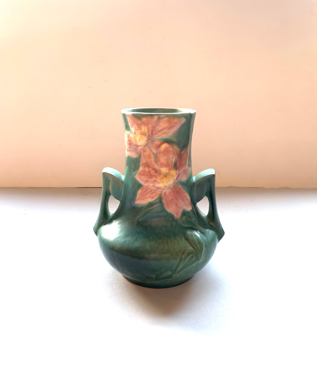 Front of Pink and Green Roseville Vase