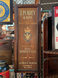j. purdey and sons hand-painted sign, gun and rifle makers, sporting outdoors, hunting sign, England