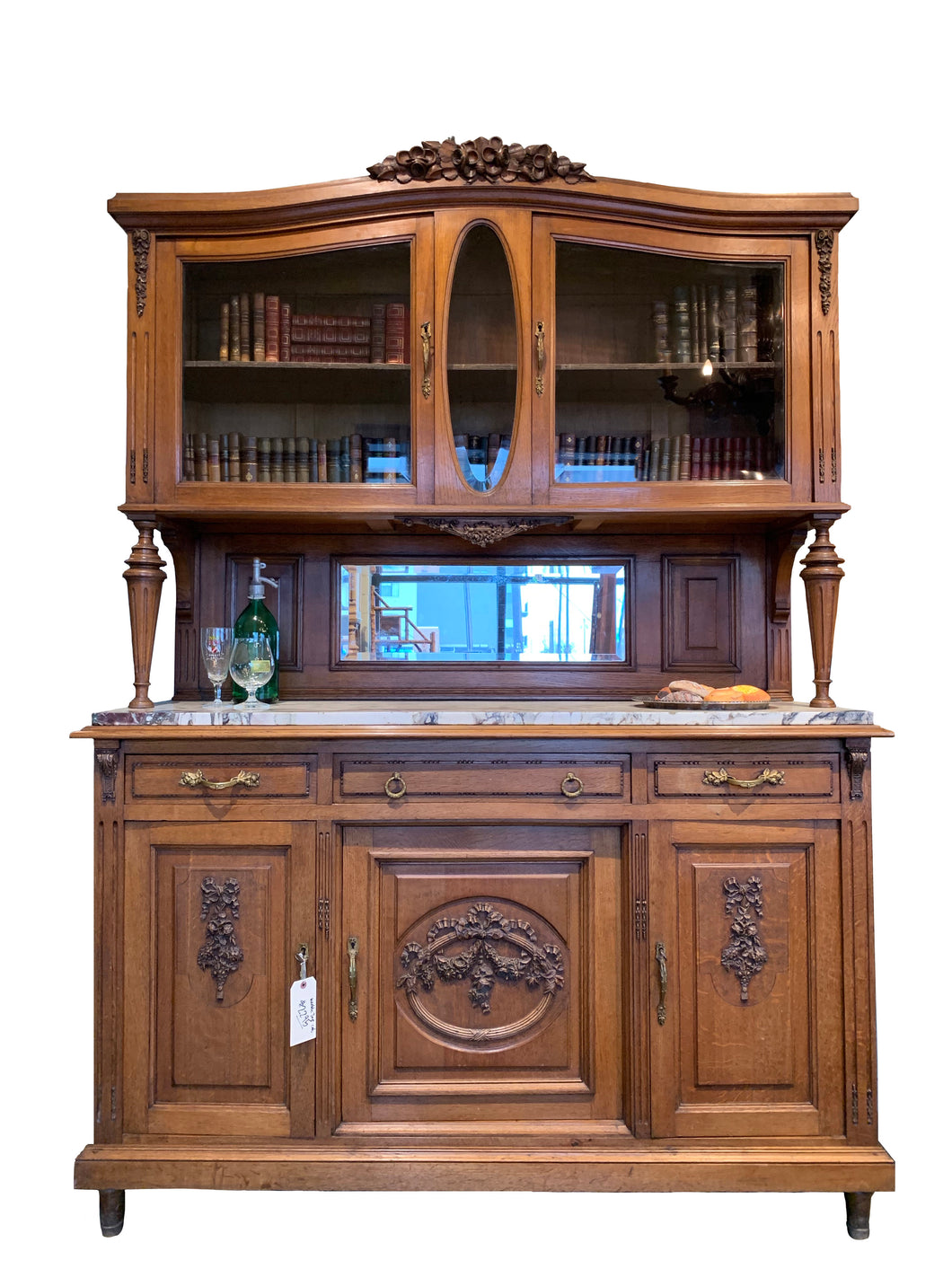 Oak Buffet with Glass Doors and Marble Top comes from Belgium