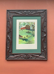 Framed Watercolor of Barn and Cows